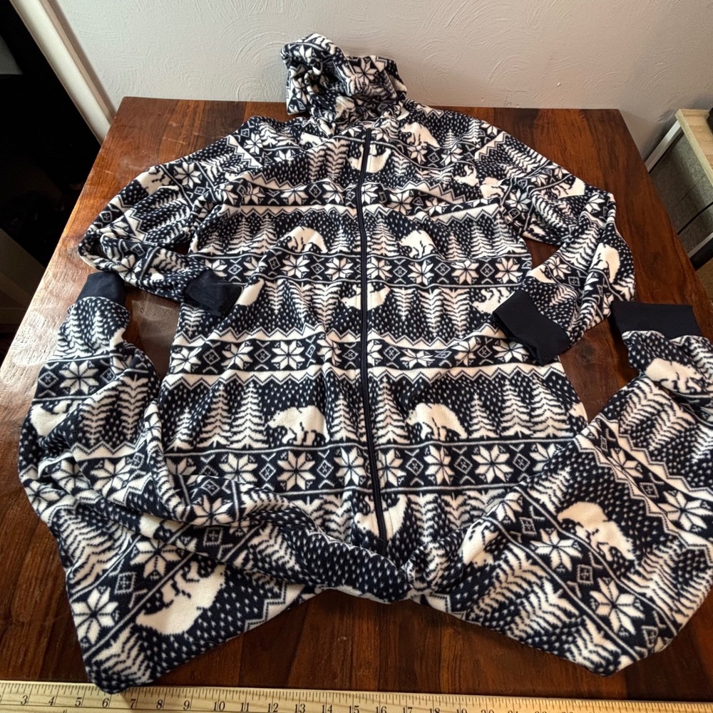 Old Navy Mens Large Blue Fair Isle Polar Bear Fleece Hooded One Piece Pajamas L